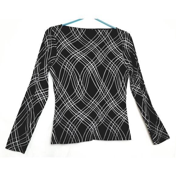 INC International Concepts Black White Abstract Top Long Sleeves Boat Neck Sz M - Picture 1 of 5